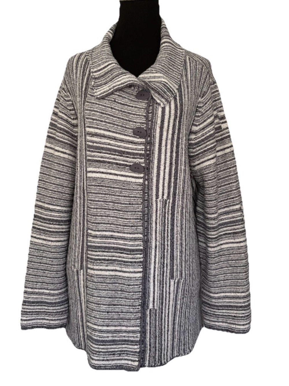 Habitat Neutral Soft Striped Fold Over Collar Sweater Textured Knit Relaxed Fit